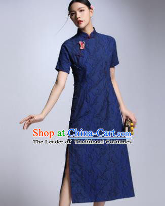 Chinese Traditional Tang Suit Blue Cheongsam China National Qipao Dress for Women