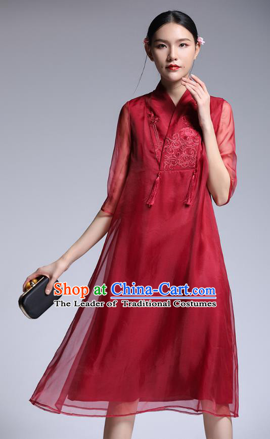 Chinese Traditional Tang Suit Embroidered Red Cheongsam China National Qipao Dress for Women