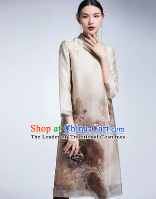 Chinese Traditional Tang Suit Printing Lotus Beige Cheongsam China National Qipao Dress for Women