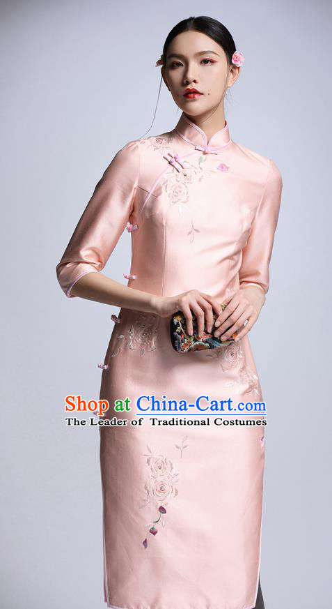 Chinese Traditional Tang Suit Embroidered Pink Cheongsam China National Qipao Dress for Women