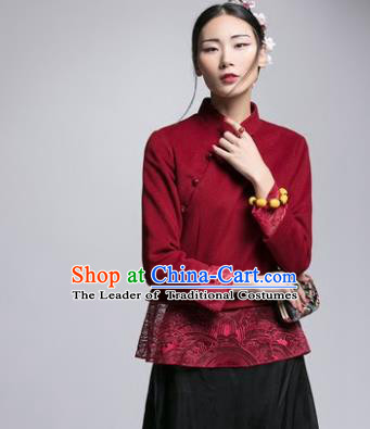 Chinese Traditional Tang Suit Red Woolen Jacket China National Upper Outer Garment Cheongsam Shirt for Women