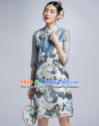 Chinese Traditional Tang Suit Printing Mangnolia Blue Cheongsam China National Qipao Dress for Women