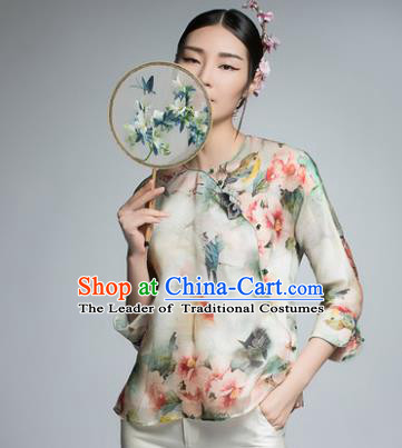 Chinese Traditional Tang Suit Printing Silk Blouse China National Upper Outer Garment Shirt for Women