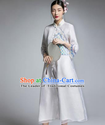 Chinese Traditional Tang Suit White Cheongsam China National Plated Buttons Qipao Dress for Women