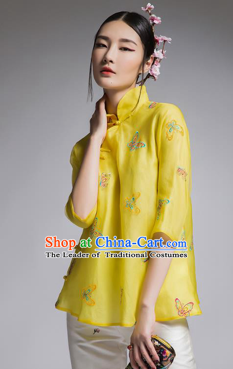 Chinese Traditional Tang Suit Embroidered Butterfly Yellow Blouse China National Upper Outer Garment Shirt for Women