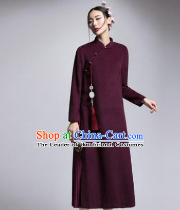 Chinese Traditional Tang Suit Purple Woolen Cheongsam China National Qipao Dress for Women