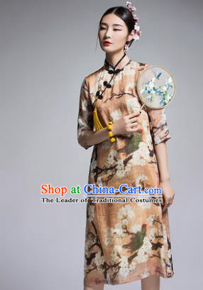 Chinese Traditional Tang Suit Printing Yellow Cheongsam China National Qipao Dress for Women