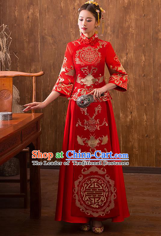 Traditional Chinese Ancient Bottom Drawer Embroidered Bat Xiuhe Suit Wedding Dress Toast Red Cheongsam for Women