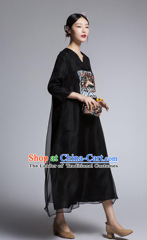 Chinese Traditional Tang Suit Embroidered Crane Black Cheongsam China National Qipao Dress for Women