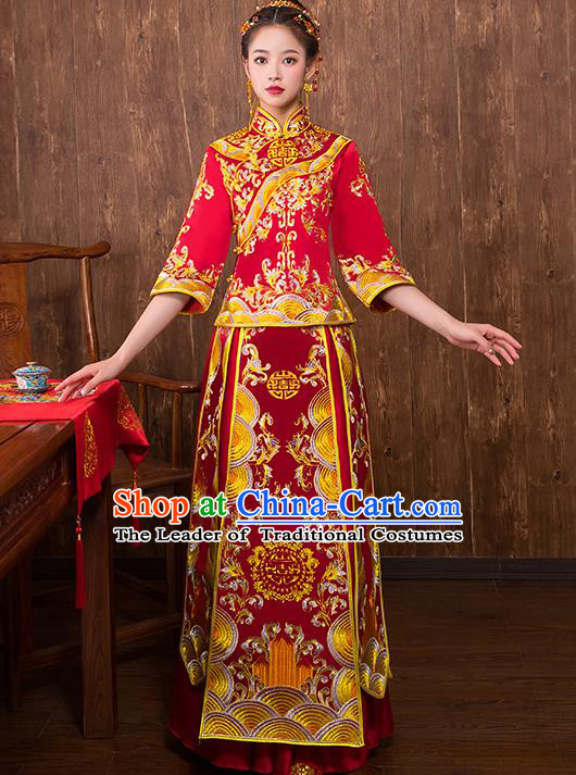 Chinese Traditional Embroidered Trailing Xiuhe Suit Wedding Dress Ancient Bride Cheongsam for Women