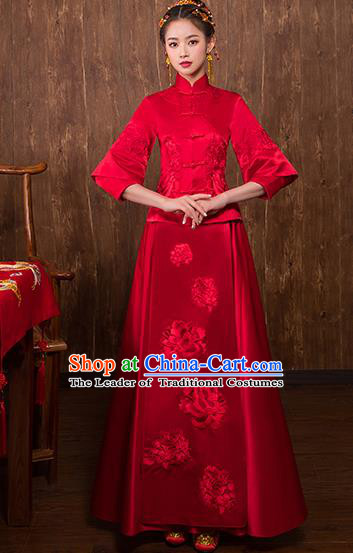Chinese Traditional Embroidered Peony Bridal Xiuhe Suit Wedding Dress Ancient Bride Cheongsam for Women