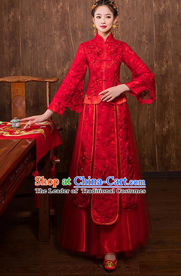 Chinese Traditional Embroidered Bridal Red Xiuhe Suit Wedding Dress Ancient Bride Cheongsam for Women