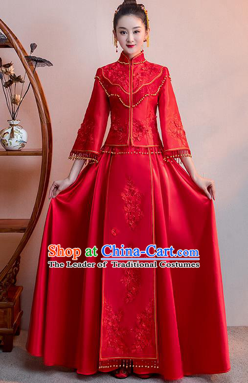 Chinese Traditional Bridal Red Toast Xiuhe Suit Wedding Dress Ancient Bride Cheongsam for Women