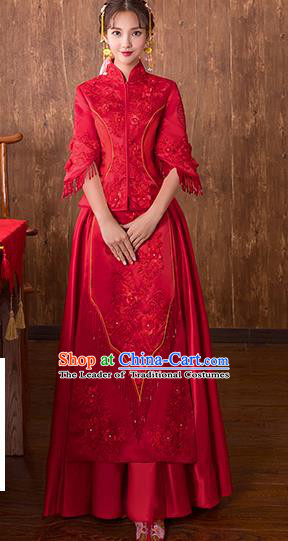 Chinese Traditional Bridal Embroidered Toast Xiuhe Suit Wedding Dress Ancient Bride Red Cheongsam for Women