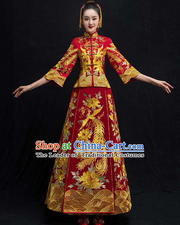 Chinese Traditional Wedding Bridal Embroidered Phoenix Xiuhe Suit Ancient Bride Red Diamante Cheongsam for Women