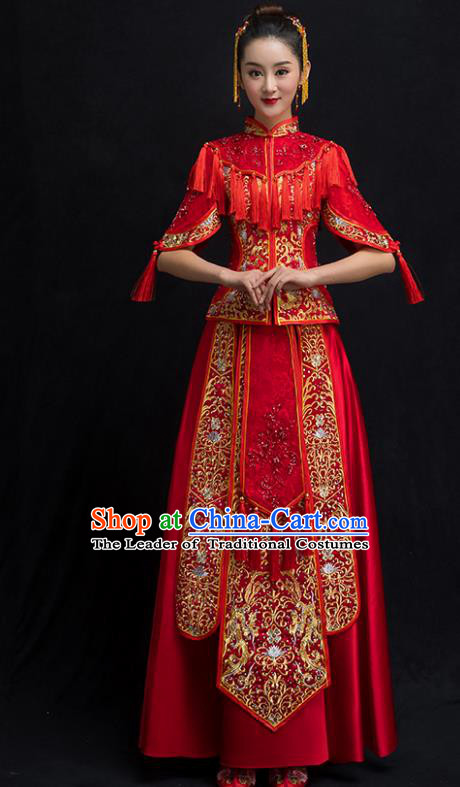 Chinese Traditional Embroidered Wedding Costume Bridal Xiuhe Suit Ancient Bride Red Cheongsam for Women