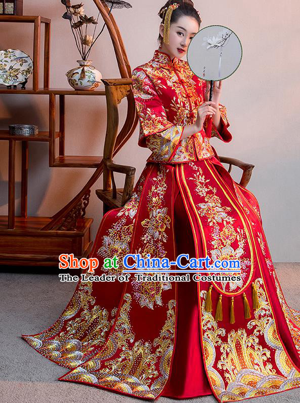 Chinese Traditional Bridal Red Xiuhe Suit Embroidered Diamante Wedding Dress Ancient Bride Cheongsam for Women