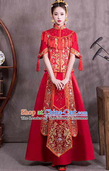 Chinese Traditional Embroidered Bridal Wedding Xiuhe Suit Ancient Toast Cheongsam Dress for Women