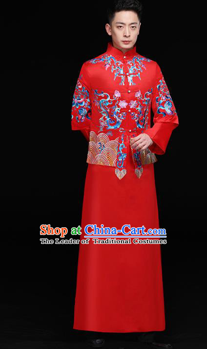 Chinese Traditional Bridegroom Embroidered Dragons Costume Ancient Tang Suit Red Clothing for Men