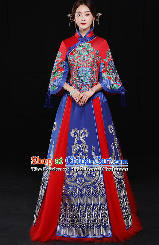 Chinese Traditional Xiuhe Suit Embroidered Longfeng Flown Ancient Bottom Drawer Wedding Dress for Women