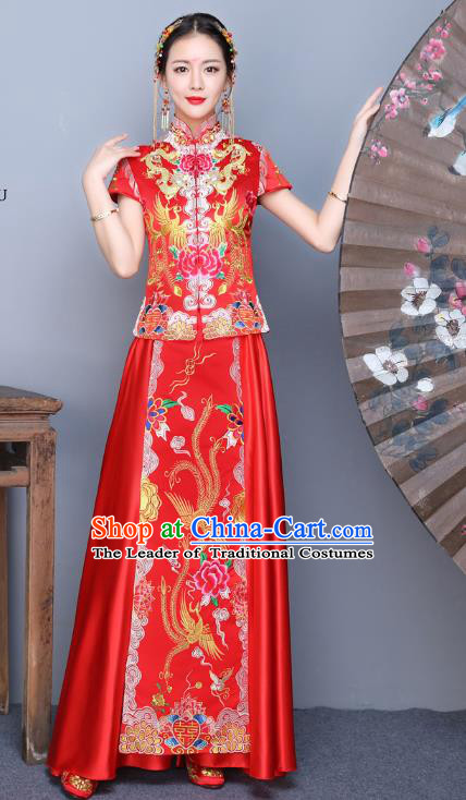 Chinese Traditional Xiuhe Suit Embroidered Blue Peony Longfeng Flown Ancient Bottom Drawer Wedding Dress for Women