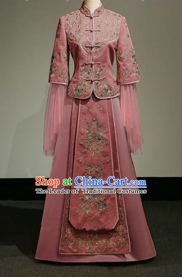 Chinese Traditional Wedding Xiuhe Suit Ancient Longfeng Flown Bride Embroidered Pink Cheongsam Dress for Women