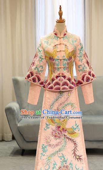 Chinese Traditional Bride Pink Xiuhe Suit Ancient Longfeng Flown Embroidered Phoenix Wedding Cheongsam Dress for Women