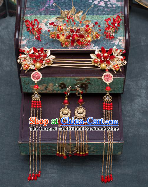 Chinese Ancient Hanfu Wedding Hair Accessories Traditional Red Flowers Phoenix Coronet Hairpins for Women