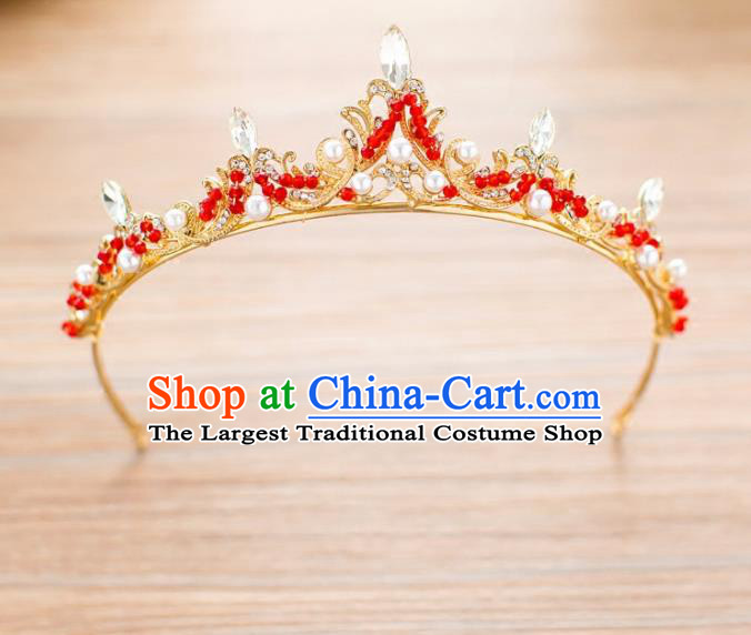 Top Grade Bride Hair Accessories Red Beads Crystal Royal Crown Headwear for Women