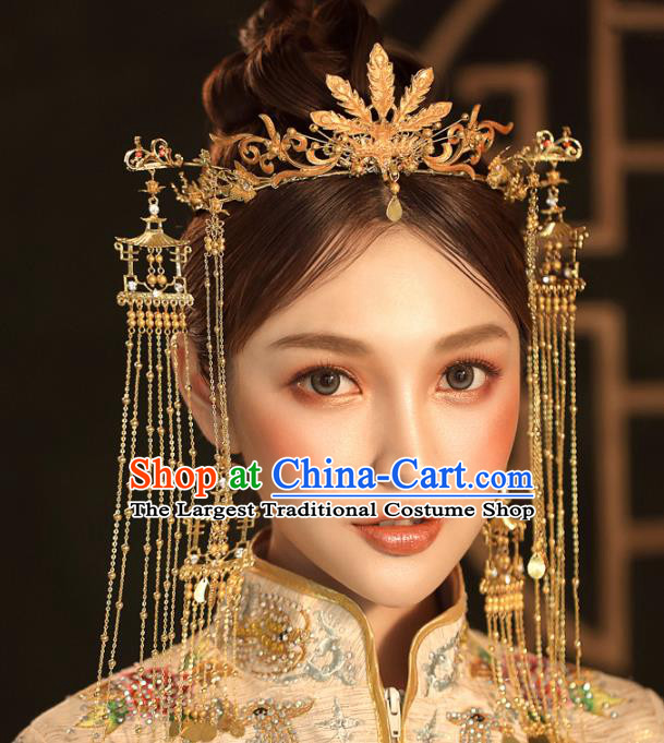 Chinese Ancient Golden Tassel Step Shake Wedding Hair Accessories Phoenix Coronet Traditional Hairpins for Women