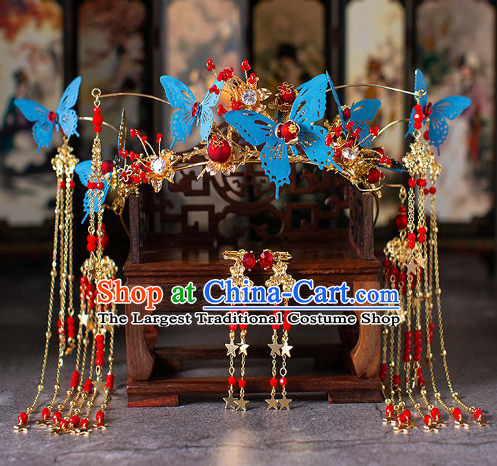 Chinese Ancient Wedding Blue Butterfly Phoenix Coronet Hair Accessories Traditional Hairpins for Women