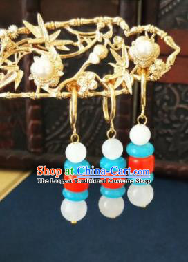 Chinese Ancient Three Strings Beads Earrings Qing Dynasty Manchu Palace Lady Ear Accessories for Women