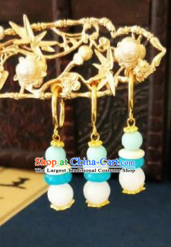 Chinese Ancient Three Strings Blue Beads Earrings Qing Dynasty Manchu Palace Lady Ear Accessories for Women