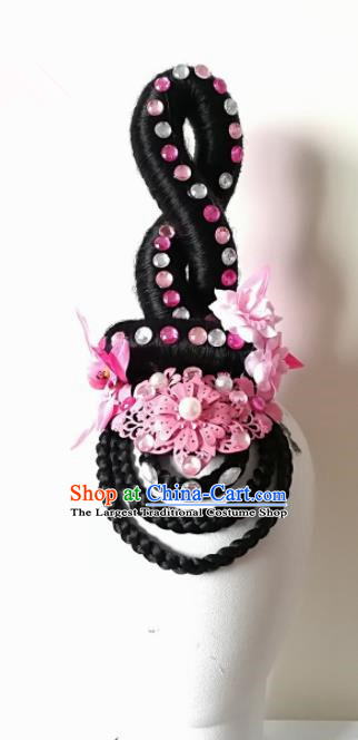 Chinese Traditional Beijing Opera Diva Hair Accessories Classical Dance Wig and Pink Flowers Headwear for Women