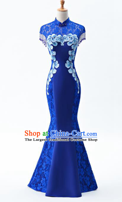 Chinese Traditional National Wedding Cheongsam Compere Chorus Costume Royalblue Full Dress for Women