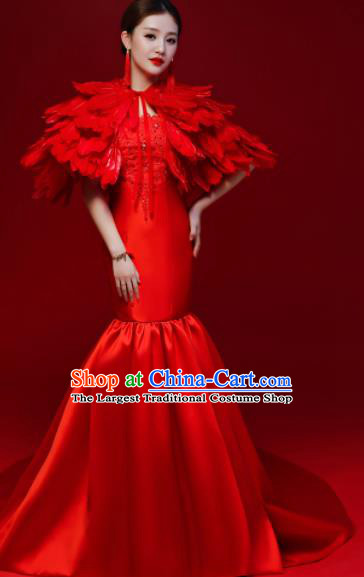 Top Grade Red Feather Mermaid Full Dress Compere Chorus Costume for Women