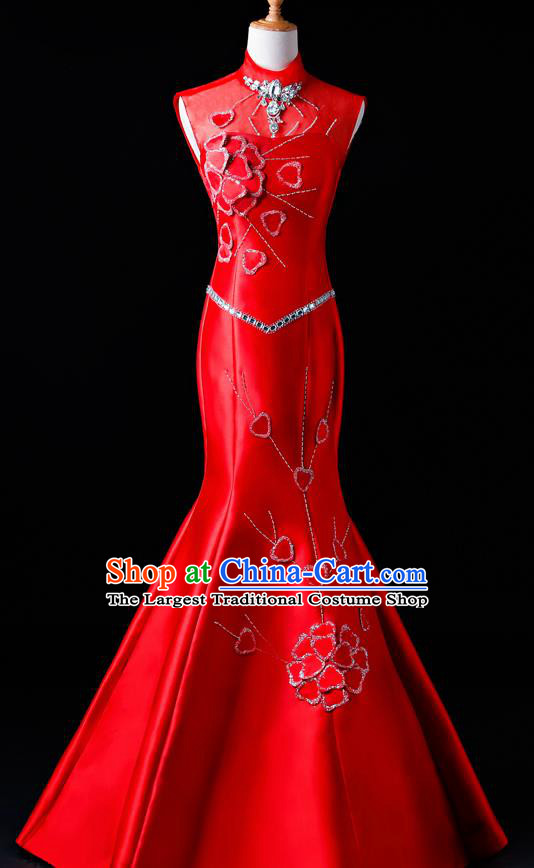Top Grade Catwalks Diamante Red Full Dress Compere Chorus Costume for Women