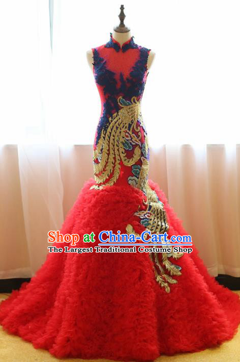Chinese Traditional Compere Red Trailing Full Dress Embroidered Phoenix Cheongsam Chorus Costume for Women