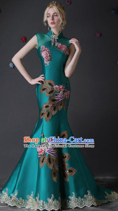 Chinese Traditional Compere Green Full Dress Embroidered Phoenix Cheongsam Chorus Costume for Women