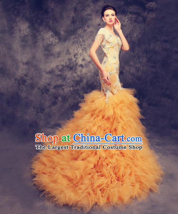 Chinese Traditional Compere Yellow Veil Full Dress Cheongsam Chorus Costume for Women