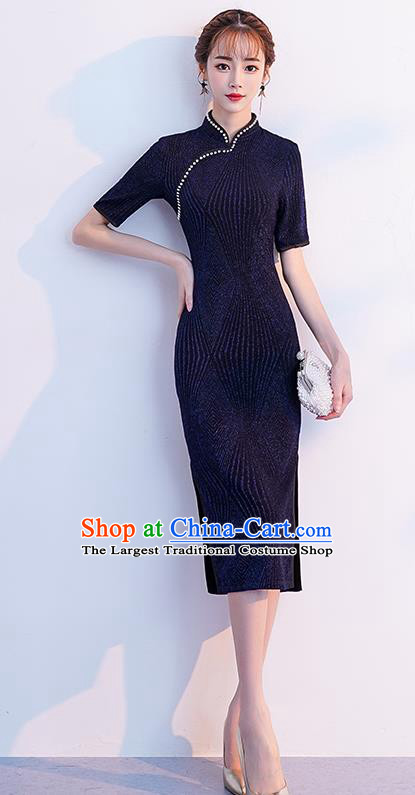 Chinese Traditional Full Dress Navy Velvet Cheongsam Compere Costume for Women