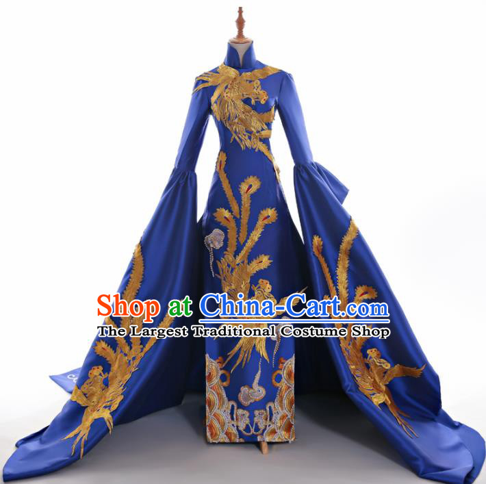 Chinese Traditional Cheongsam Royalblue Full Dress Compere Chorus Costume for Women