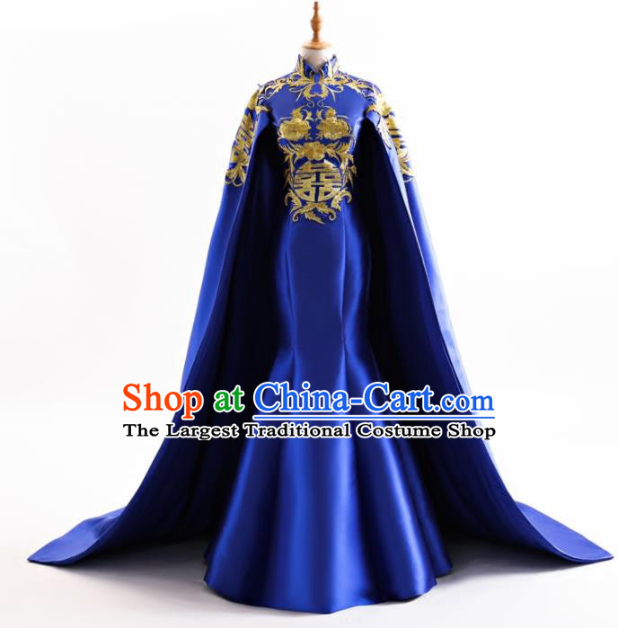 Chinese Traditional Cheongsam Wedding Royalblue Full Dress Compere Chorus Costume for Women