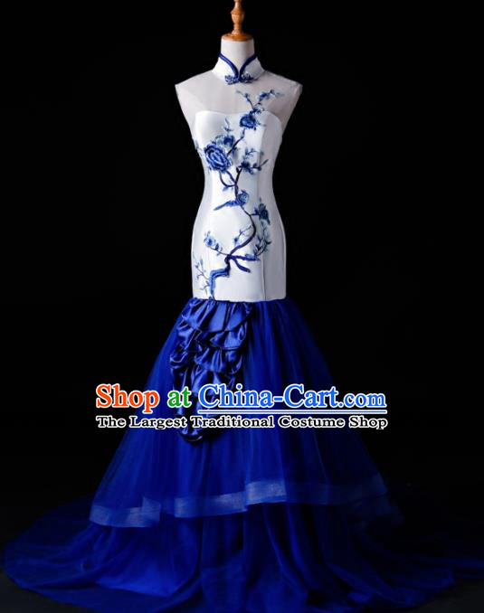 Chinese Traditional National Blue Veil Mermaid Cheongsam Compere Chorus Costume Full Dress for Women