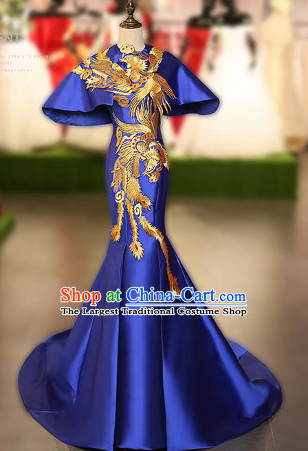 Chinese Traditional Embroidered Phoenix Blue Full Dress Compere Chorus Costume for Women