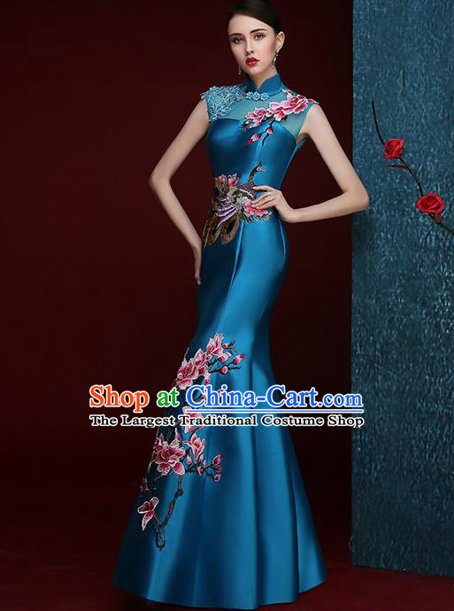 Chinese Traditional Compere Full Dress Embroidered Mangnolia Blue Cheongsam Chorus Costume for Women