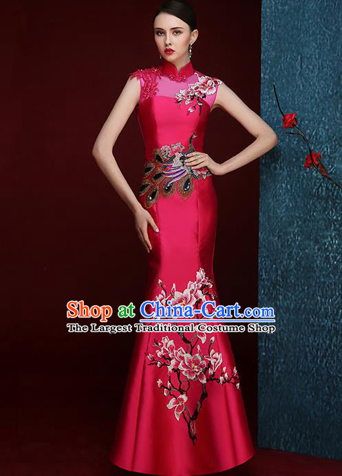 Chinese Traditional Compere Full Dress Embroidered Mangnolia Rosy Cheongsam Chorus Costume for Women