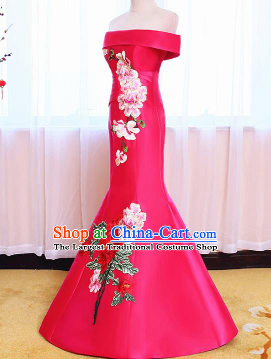 Chinese Traditional Embroidered Peony Off Shoulder Rosy Full Dress Compere Chorus Costume for Women