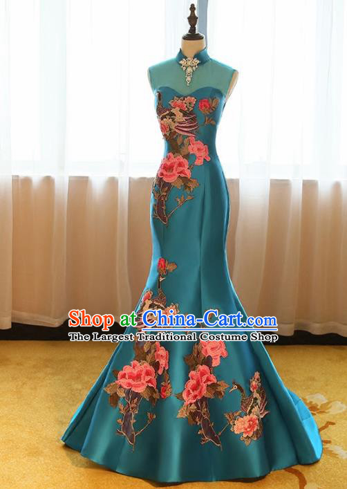 Chinese Traditional Compere Catwalks Blue Cheongsam Chorus Costume for Women