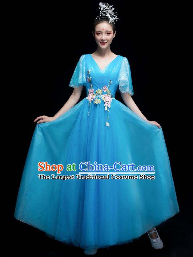 Chinese Traditional Chorus Costumes Modern Dance Blue Dress for Women